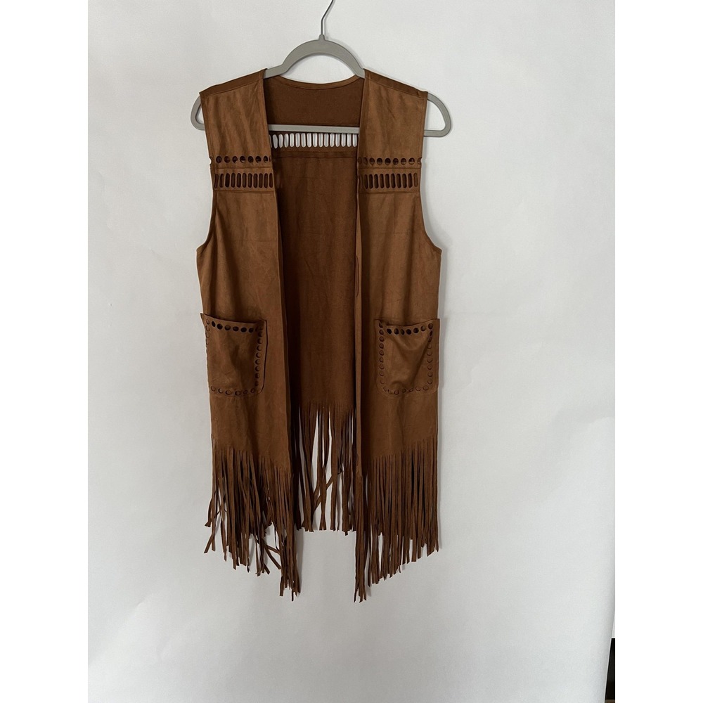 Fringe Vest Womens Medium Brown Faux Suede Long Duster Boho Western Open Front
